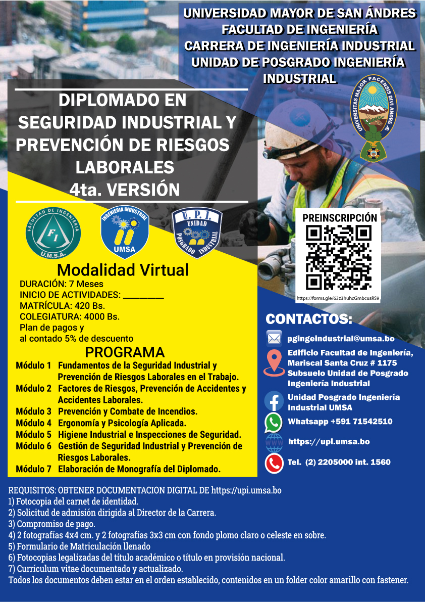 Misericordioso Edredón cerca Diplomado en Seguridad Industrial y Prevención de Riesgos Laborales -  Posgrado Ingenieria Industrial - Universidad Mayor de San Andrés